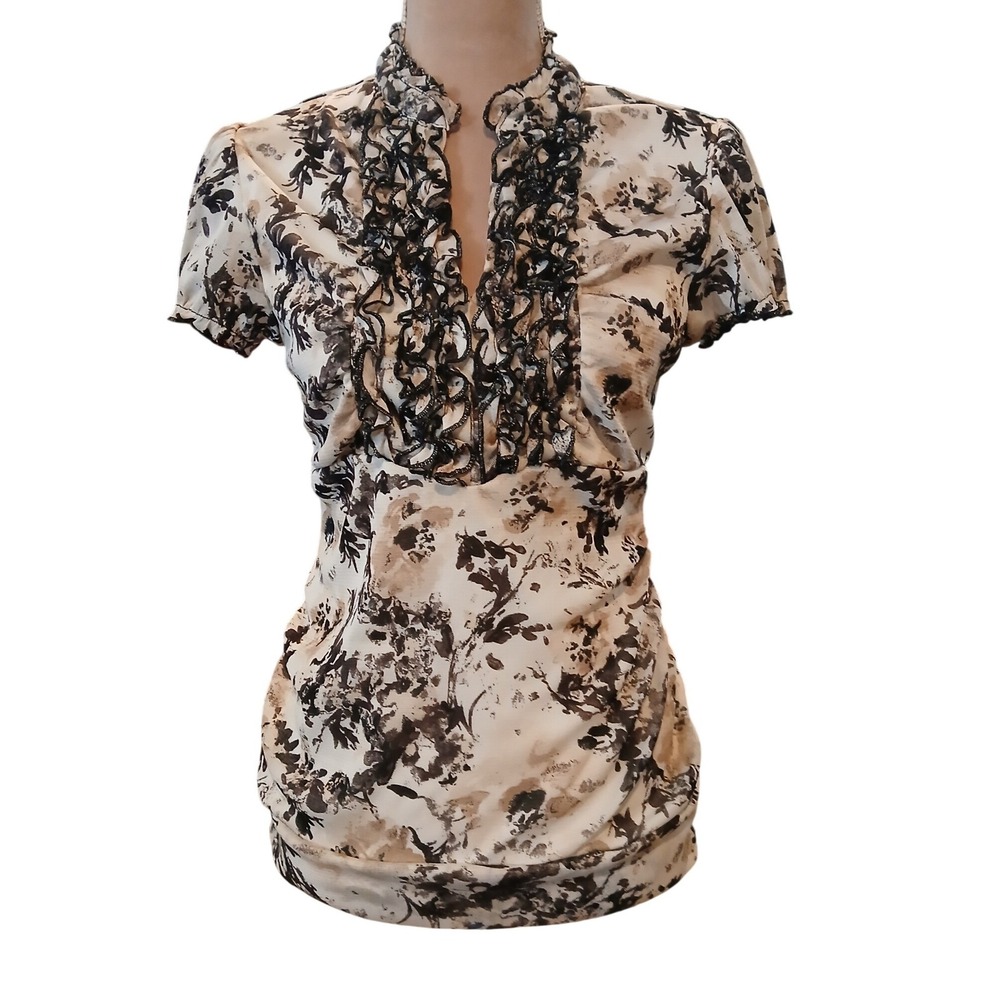 Maurices Womens Medium Dark Floral Mesh Ruffle V-Neck Ruched Blouse Babydoll